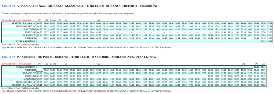 Horario de la línia L12 vaporetto Venecia